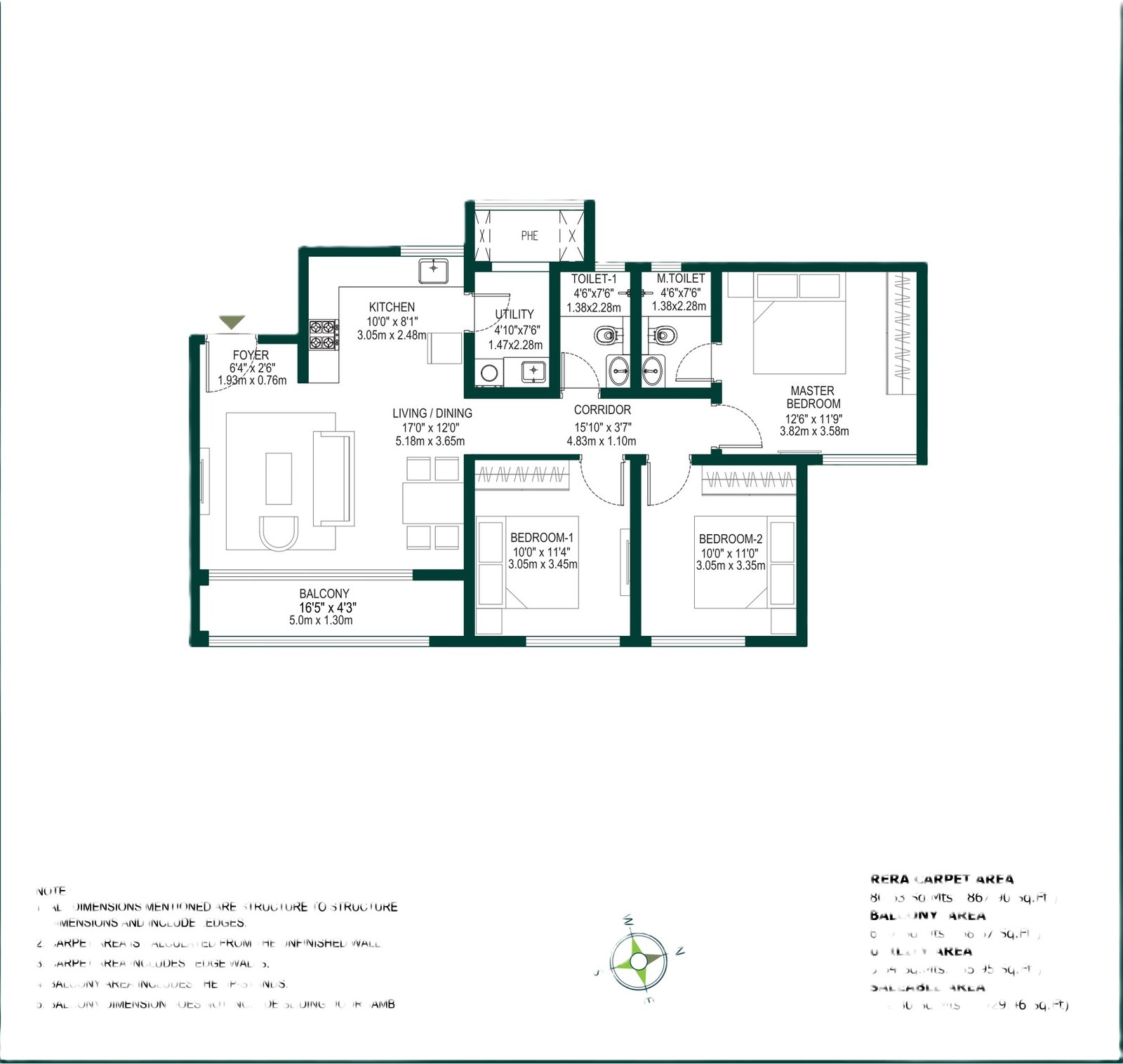 3 BHK Cozy Floor Plan